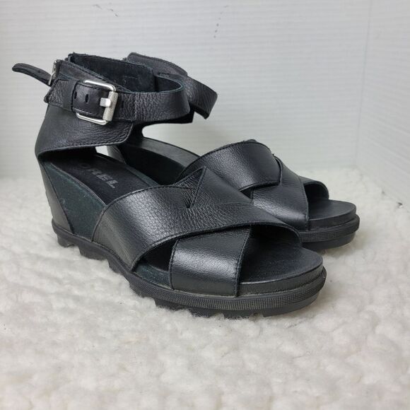 Sorel Joanie Womens Strappy Wedge Ankle Black Leather Sandals Size 10 Back Zip - Picture 1 of 9
